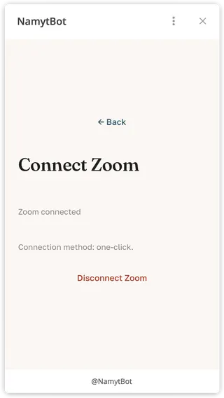 The Connect Zoom screen in Namyt showing the Zoom connected status